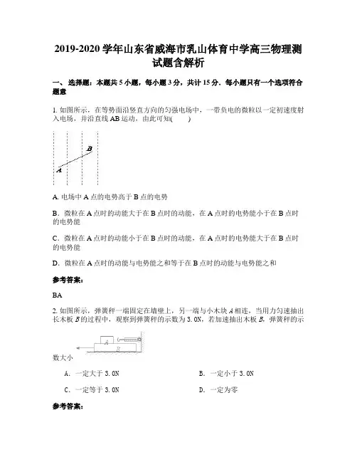 2019-2020学年山东省威海市乳山体育中学高三物理测试题含解析