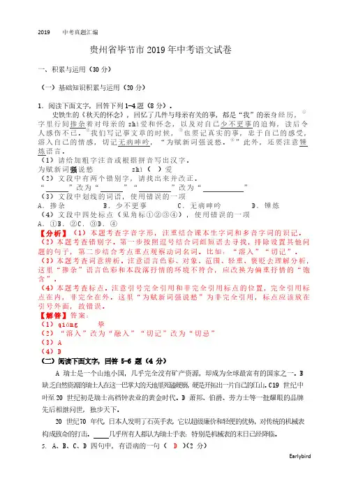 2019中考真题-2019年贵州省毕节市中考语文试题(word版,含解析)