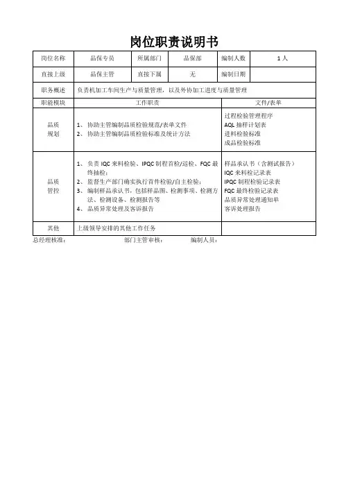 品保专员岗位职责说明书
