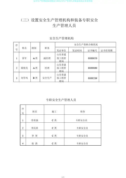 安全生产管理机构设置及专职安全生产管理人员配备情况企业套用版