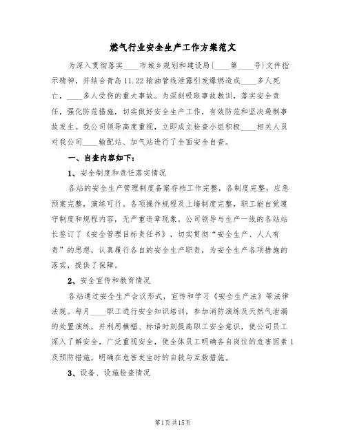 燃气行业安全生产工作方案范文(六篇)