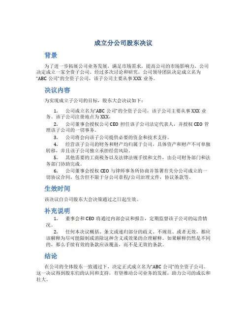 成立分公司股东决议
