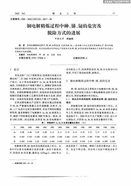 铜电解精炼过程中砷、锑、铋的危害及脱除方式的进展