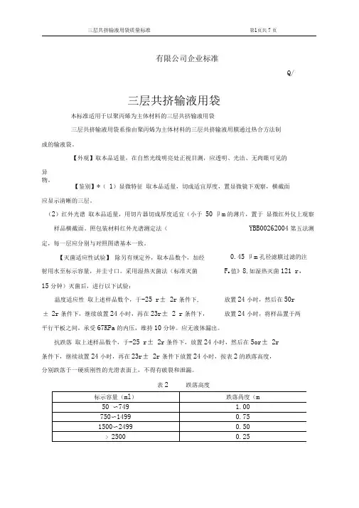 三层共挤输液用袋,质量标准