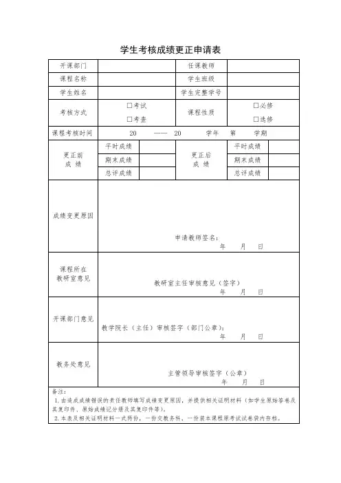 学生考核成绩更正申请表