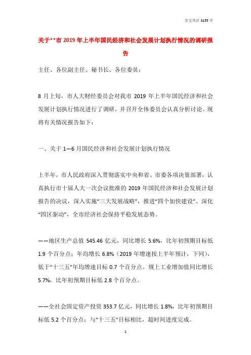 关于--市2019年上半年国民经济和社会发展计划执行情况的调研报告