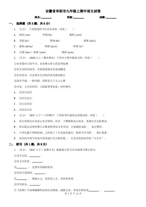 安徽省阜阳市九年级上期中语文试卷