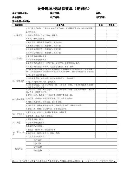 挖掘机设备进场退场验收单