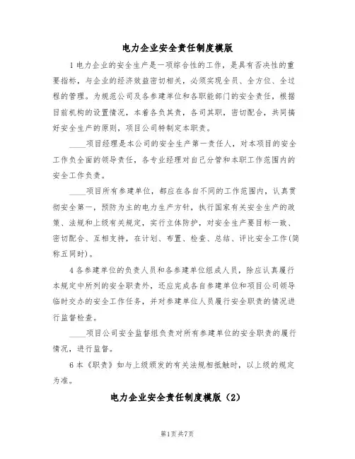 电力企业安全责任制度模版(3篇)