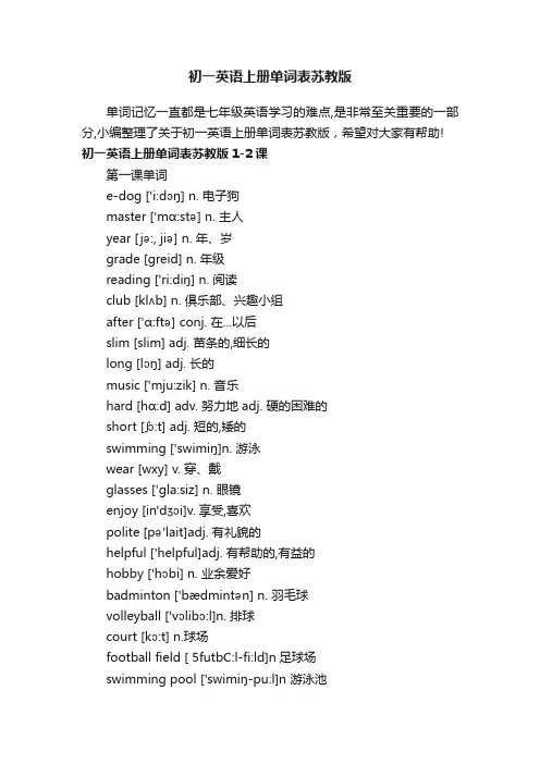 初一英语上册单词表苏教版