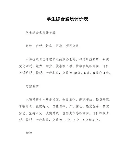 学生综合素质评价表