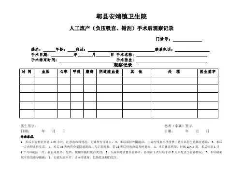 人工流产(负压吸宫、钳刮)手术后观察记录表