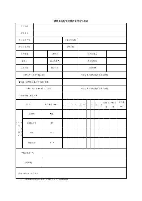 路缘石安砌检验批质量检验记录表