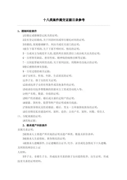 类案件提交证据目录参考