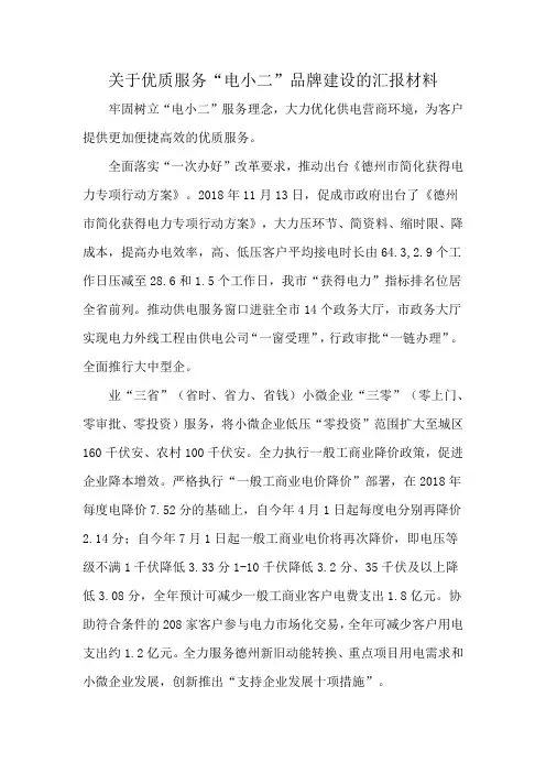 关于优质服务“电小二”品牌建设的汇报材料