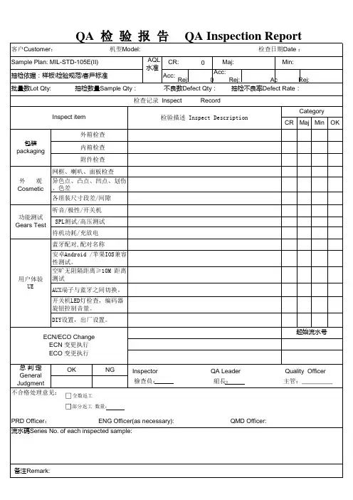 音响 QA检验报告 QA Inspection Report