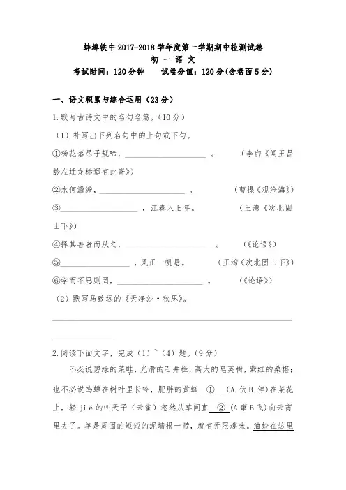 人教版七年级语文上册期中考试题 (17)
