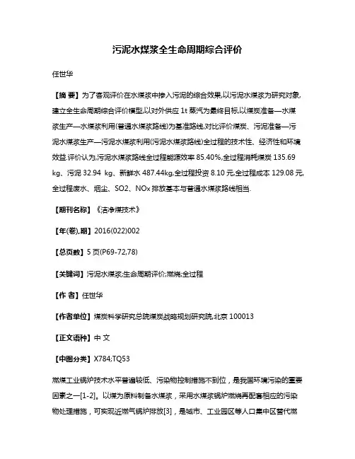 污泥水煤浆全生命周期综合评价