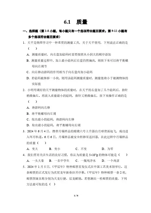 物理人教版(2024新教材)八年级上册6.1 质量 课时练含答案