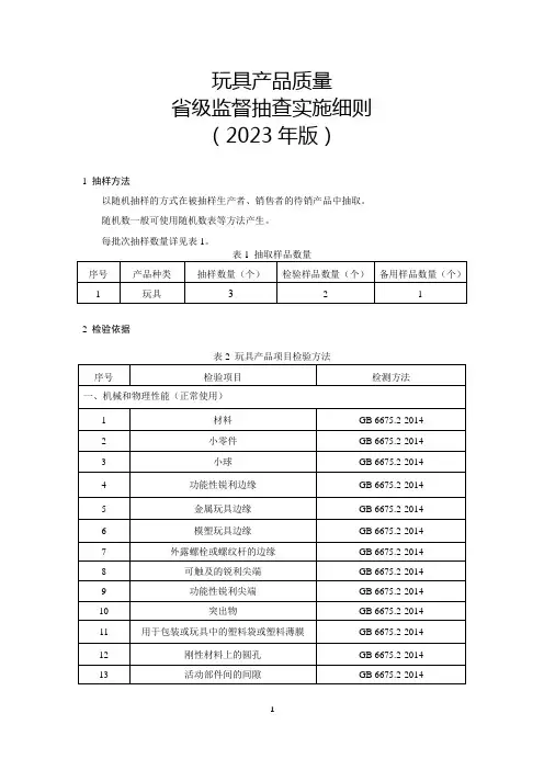 玩具产品产品质量省级监督抽查实施细则