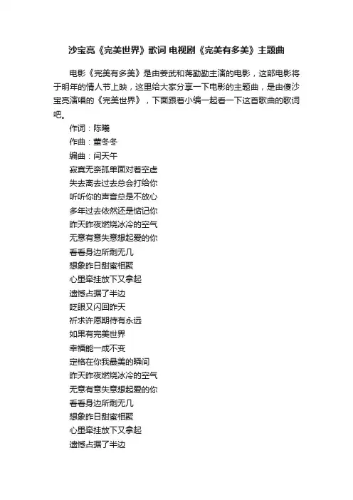沙宝亮《完美世界》歌词电视剧《完美有多美》主题曲