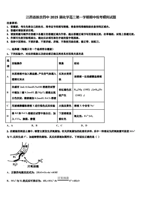 江西省新余四中2025届化学高三第一学期期中统考模拟试题含解析