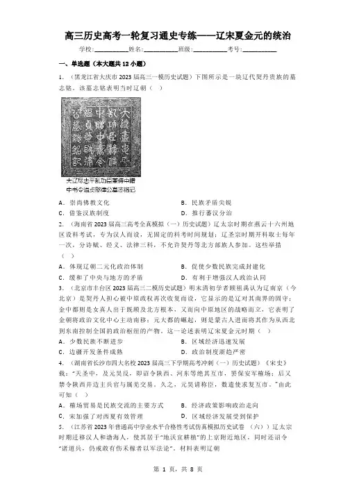 辽宋夏金元的统治++通史专练 高三历史一轮复习