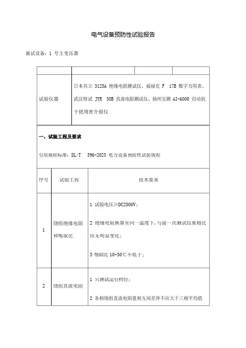 电力变压器预防性试验报告