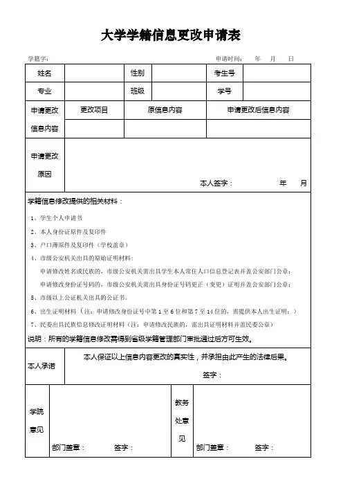 大学学籍信息更改申请表
