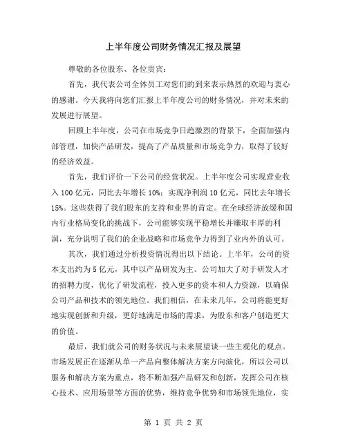 上半年度公司财务情况汇报及展望