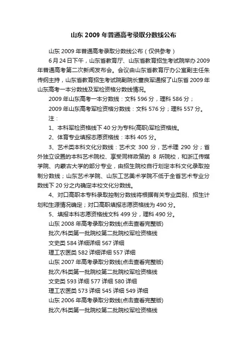 山东2009年普通高考录取分数线公布