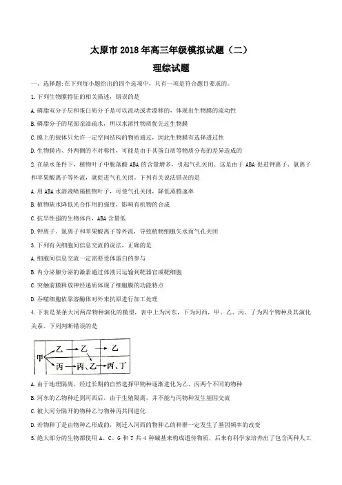 山西省太原市2018年高三二模理科综合试题及答案