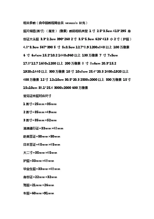 照片尺寸对应表