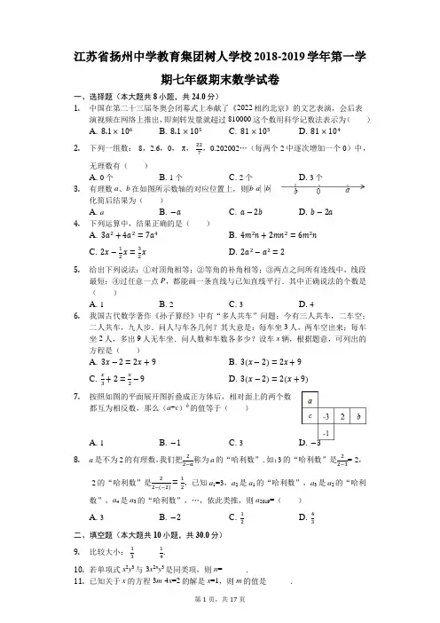 江苏省扬州中学教育集团树人学校2018-2019学年第一学期七年级期末数学试卷(解析版)