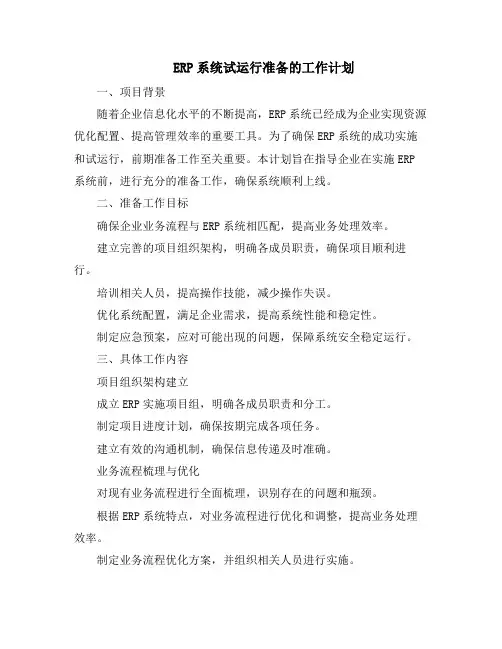 ERP系统试运行准备的工作计划
