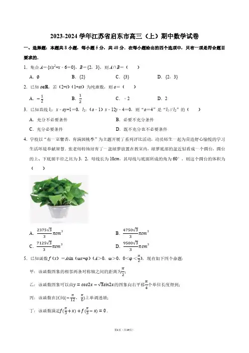 2023-2024学年江苏省启东市高三(上)期中数学试卷【答案版】