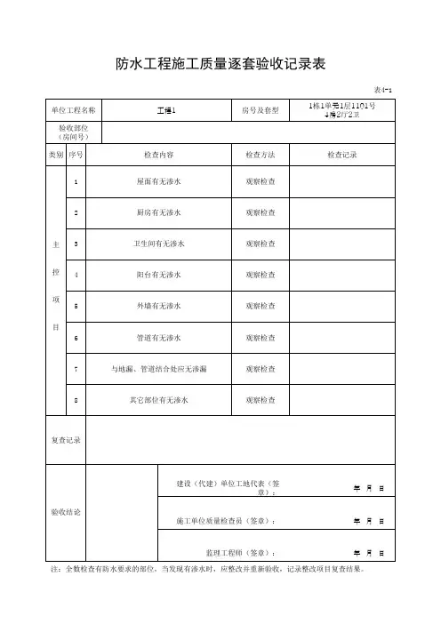 防水工程施工质量逐套验收记录表(最新版)