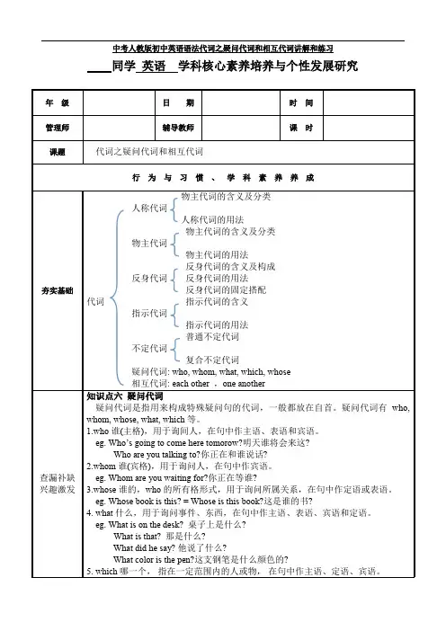 最新中考人教版初中英语语法代词之疑问代词和相互代词讲解和练习