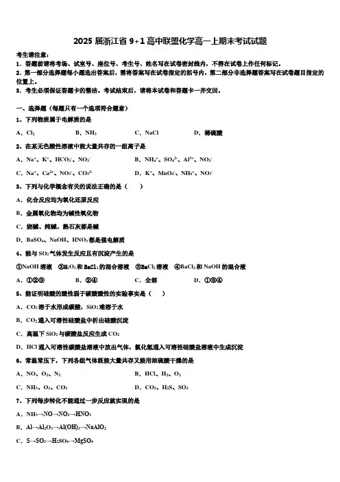 2025届浙江省9+1高中联盟化学高一上期末考试试题含解析