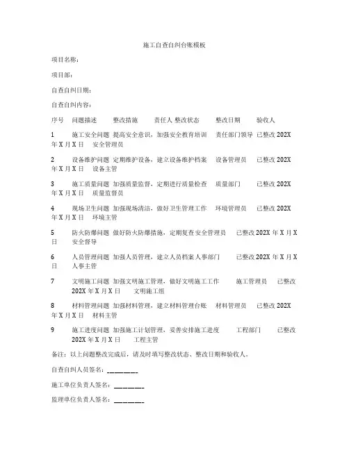 施工自查自纠台账模板