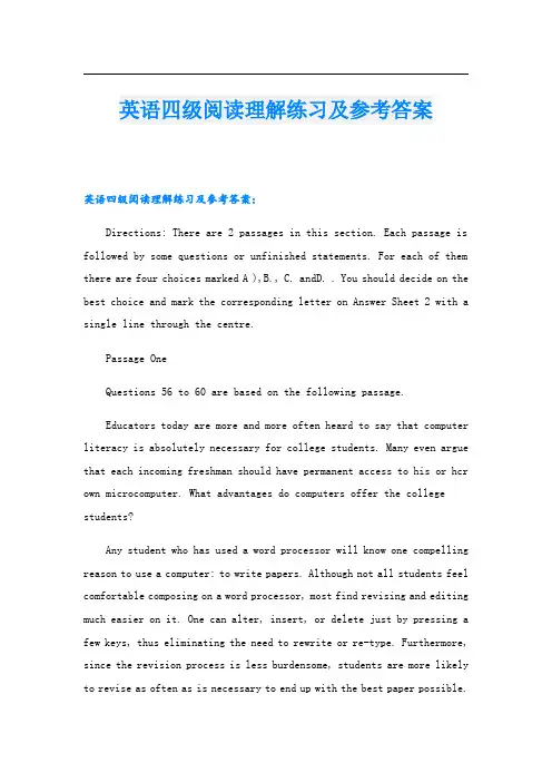 英语四级阅读理解练习及参考答案