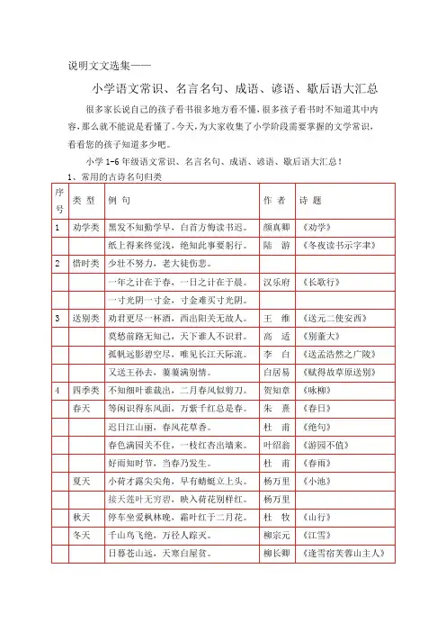 说明文文选集——小学1-6年级语文常识大汇总