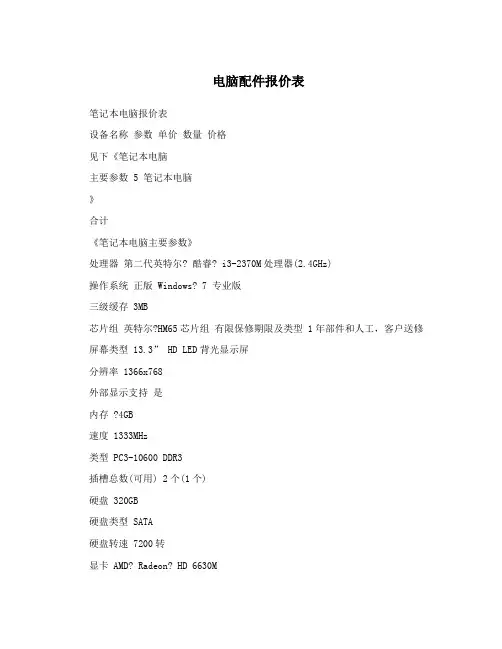电脑配件报价表