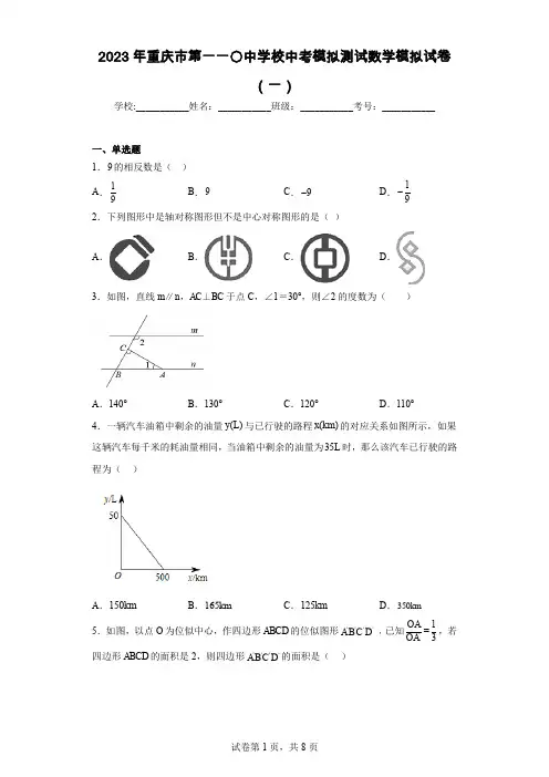 2023年重庆市第一一〇中学校中考模拟测试数学模拟试卷(一)