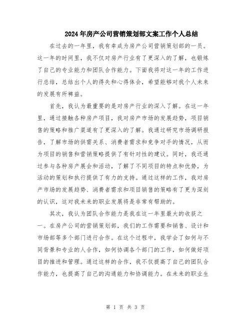 2024年房产公司营销策划部文案工作个人总结