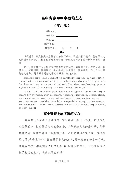 高中青春800字随笔左右