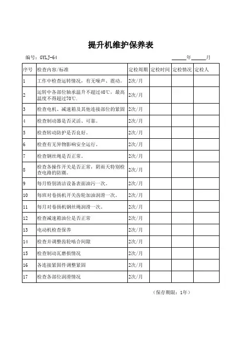 提升机维护保养记录表