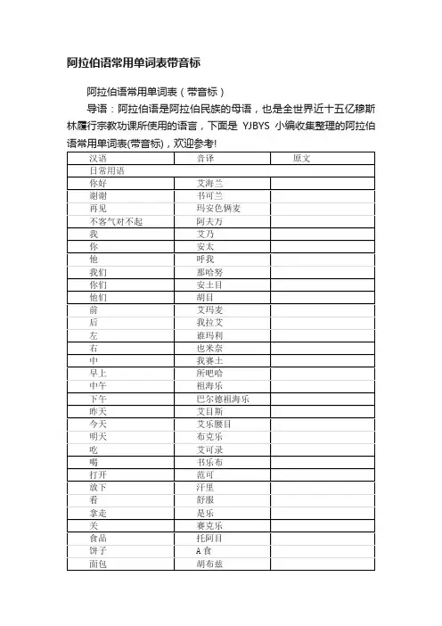 阿拉伯语常用单词表带音标