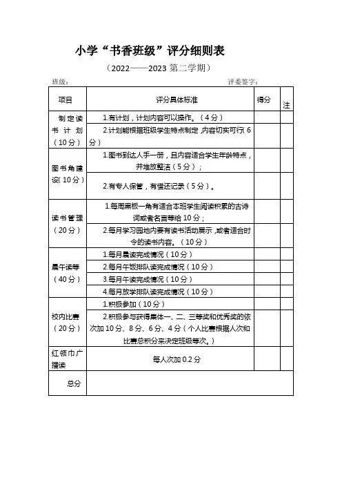 小学书香班级评分细则表