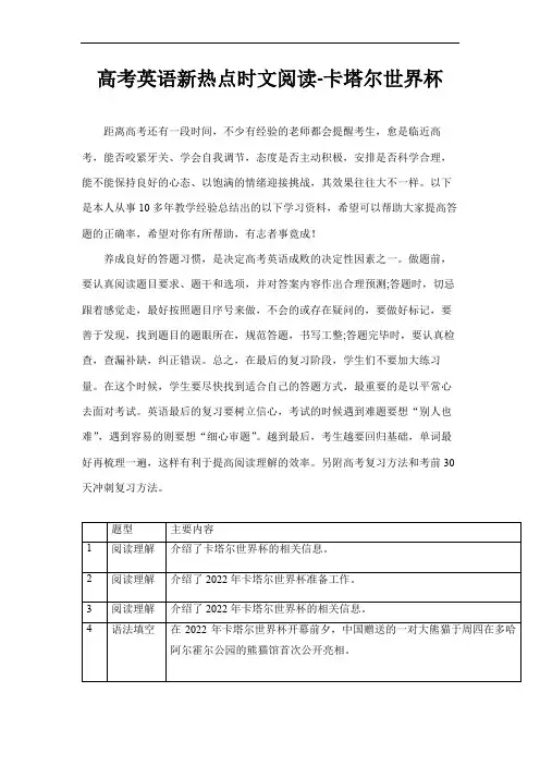 高考英语新热点时文阅读:卡塔尔世界杯
